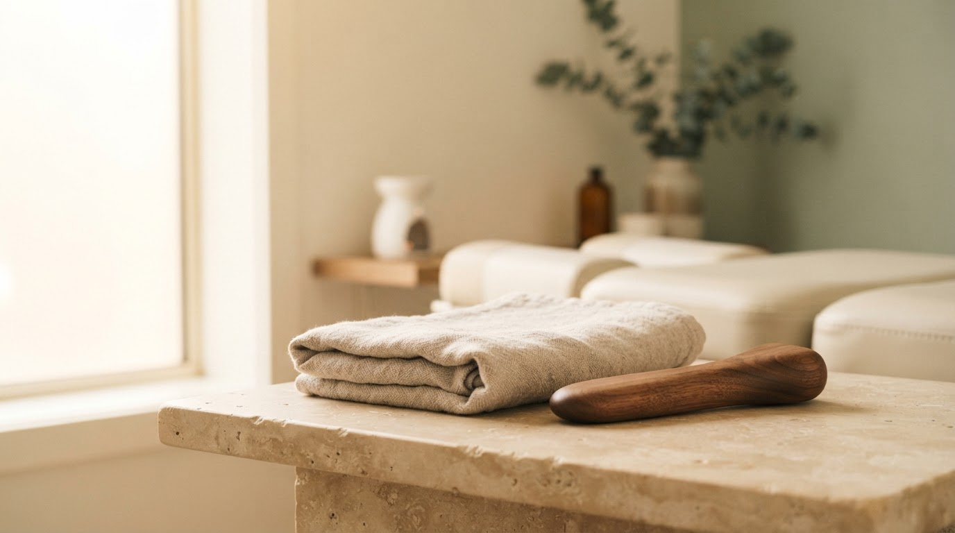 Detail of a calm chiropractic treatment space with folded linen