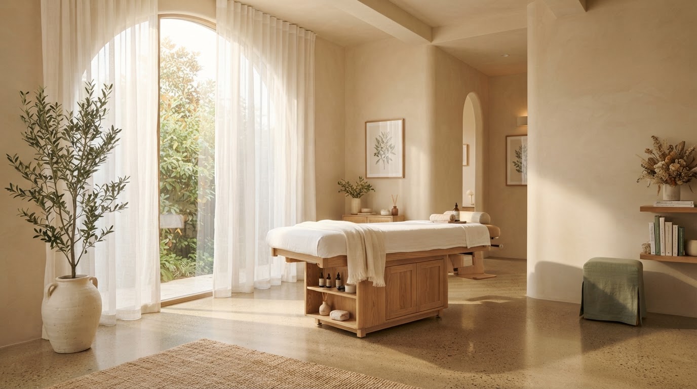 Bright, airy chiropractic treatment room with soft morning light, oak table and crisp linen at Canham Chiropractic in Phoenix