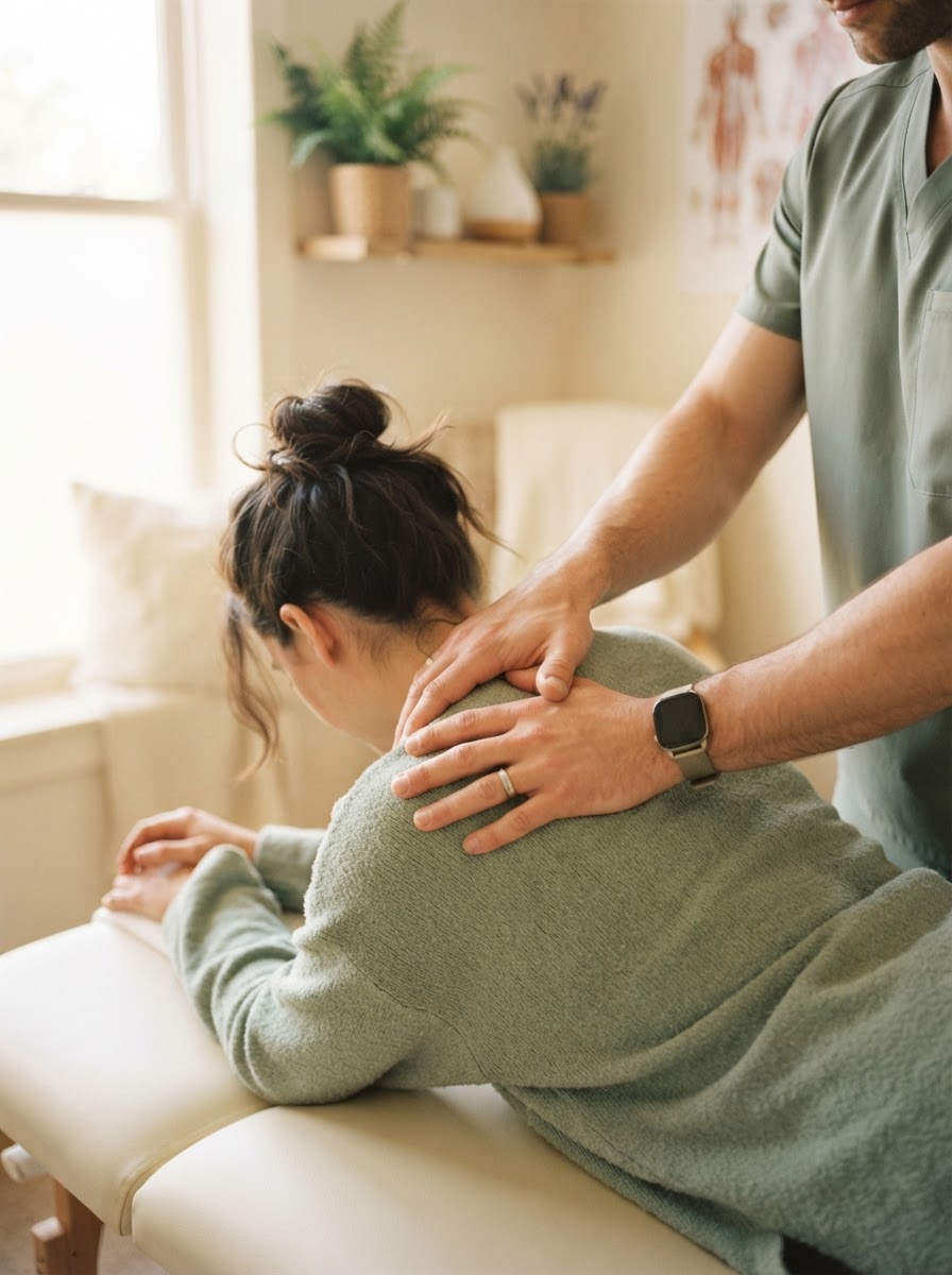 Chiropractor's hands providing a gentle adjustment at Canham Chiropractic